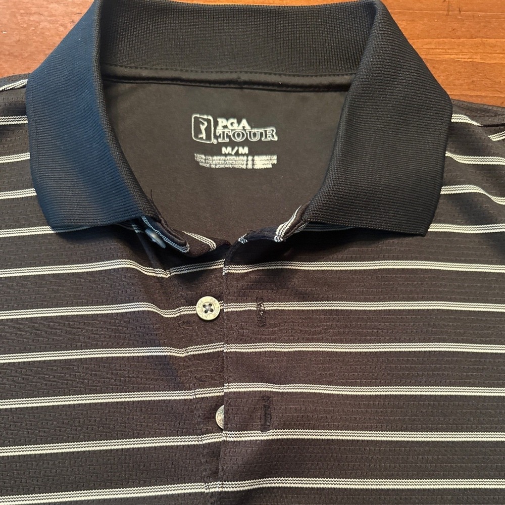 PGA Tour Polo Shirt Mens Medium Black Excellent Striped Performance Golf Tee